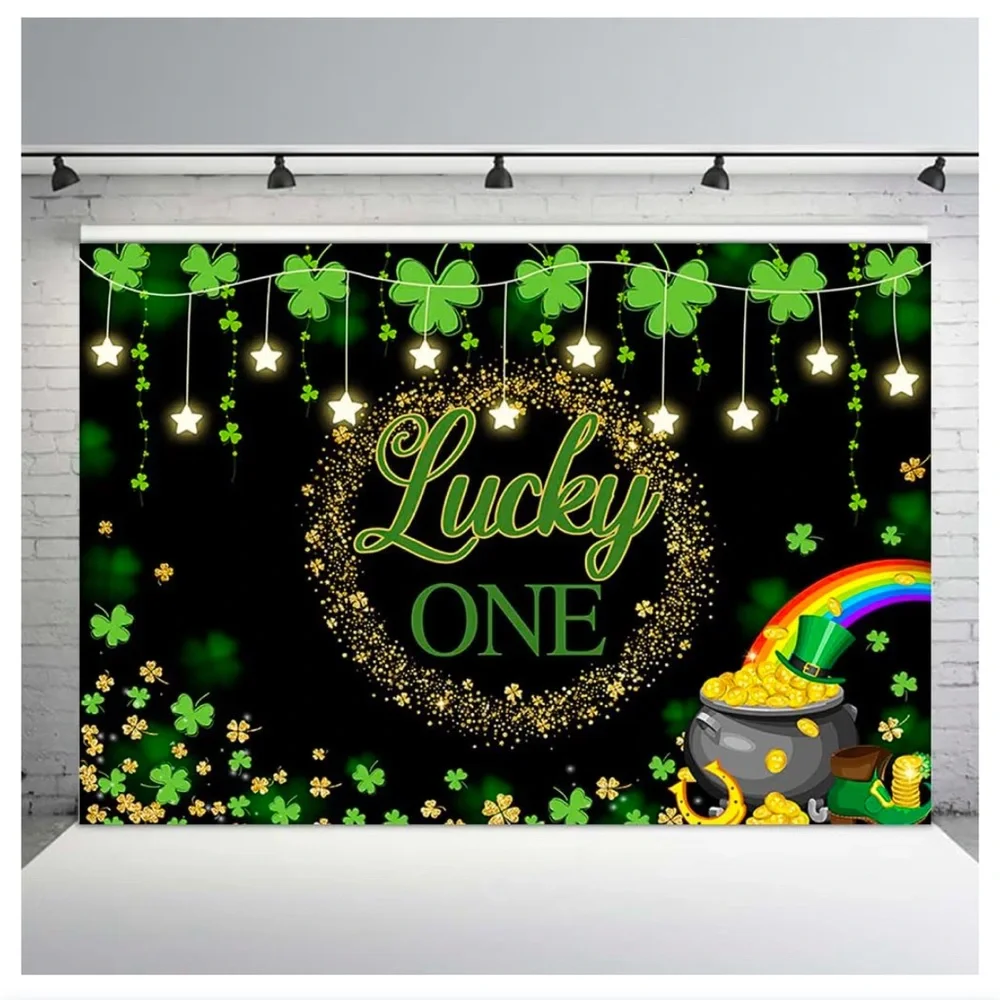 Lucky One 1st Birthday Backdrop, 7 x 5, St. Patrick's Day Green Clover Rainbow
